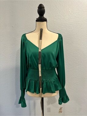INC International Concepts Emerald silk Green Peplum Long Sleeve Blouse